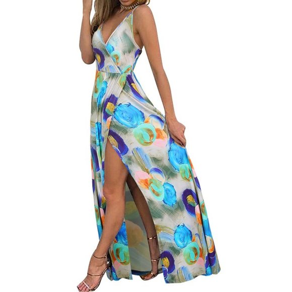 Deep V Neck Maxi Dress Size Large Flowy Tropical Print Summer Dress with Slit - Picture 2 of 11